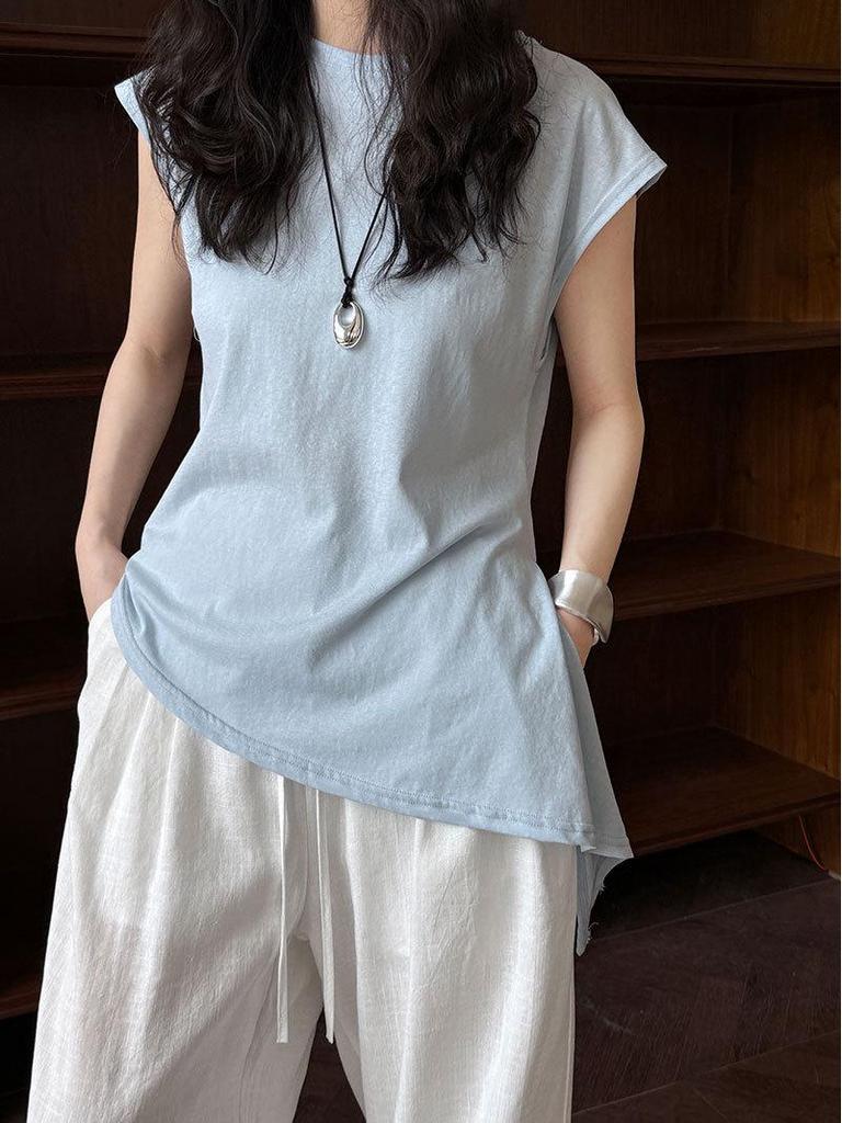 LUXI Koreanisches Schlank geschnittenes Kurzarm-T-Shirt mit Schnürung und unregelmäßigem Saum für Damen