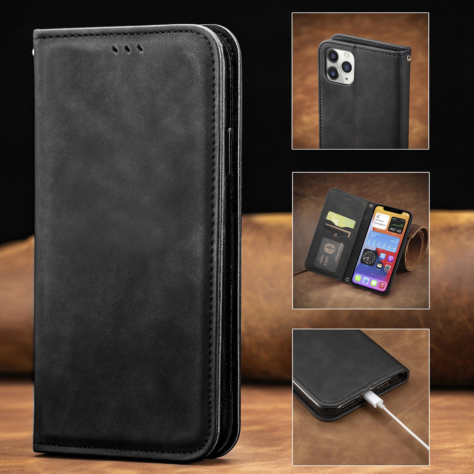

Подходит для iPhone 16 Promax Чехол для телефона Вставьте карту Кожаный чехол-книжка с магнитной присоской 13mini Чехол для телефона iPhone 13Pro чёрный
