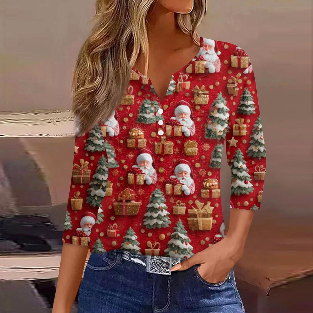 Women's Fashionable Casual Christmas Printed V-neck Three-quarter Sleeve Decorated Button Top