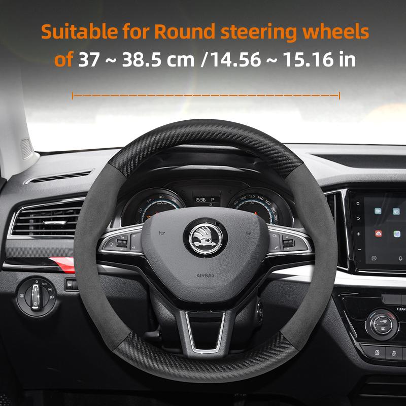 Suitable for Skoda Suede Matte Carbon Fiber Texture Steering Wheel Cover Suitable for Octavia 2 3 A7 1 Superb Roomster A5 