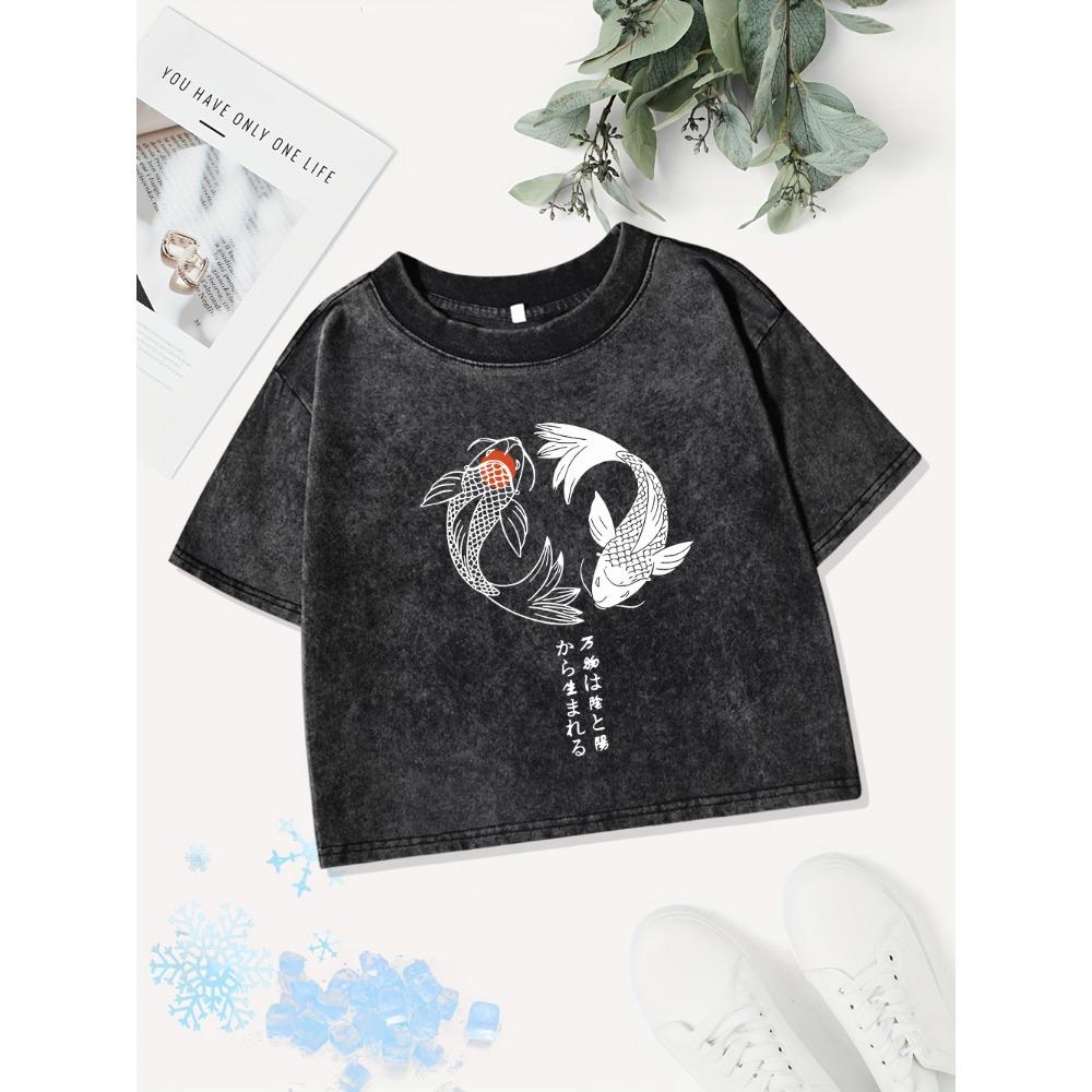 

Casual Tops Womens Japanese Koi Harajuku Prints Washed T-Shirts Street O-Neck Regular Fit Streetwear Sexy Clothes M
