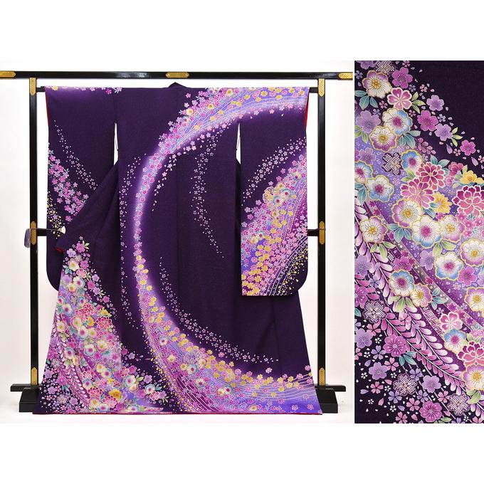 

Furisode [Used] Dark purple fabric, silver thread, Tsujigahana [Condition rank B]