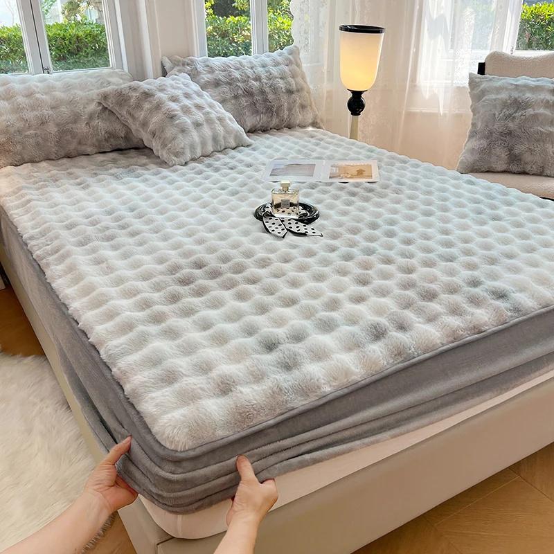 Warm Rabbit Plush Bedsheet Winter Thick Mattress Cover Milk Velvet Mattress Protective Cover Quality Velvet Bed Sheets For Home