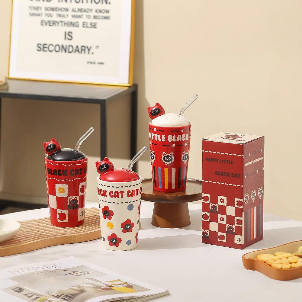 Personalized Large Capacity Cat Cartoon Cute Straw Cup Small Gift Box Set for Household Ceramic Cup High Value Mug