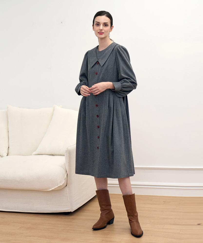 L By L Wool Grey Wine Button Puff Sleeve Dress