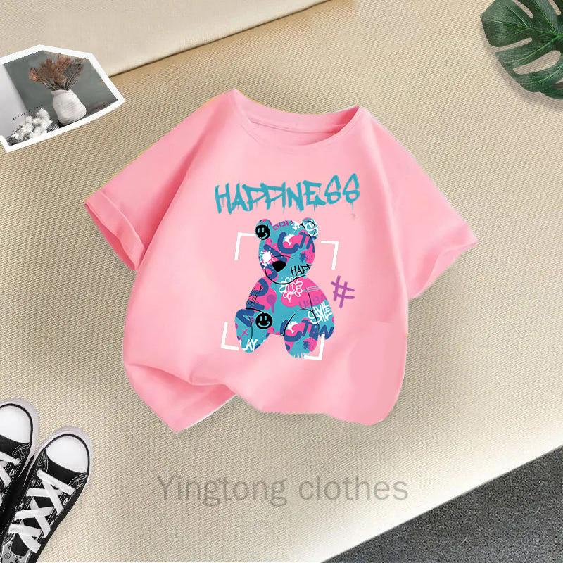 Summer Clothes for Boys and Girls, Short Sleeved T-shirts, Summer New Styles, Teddy Bear Printed Girls' Tops, Children's Clothing Trend