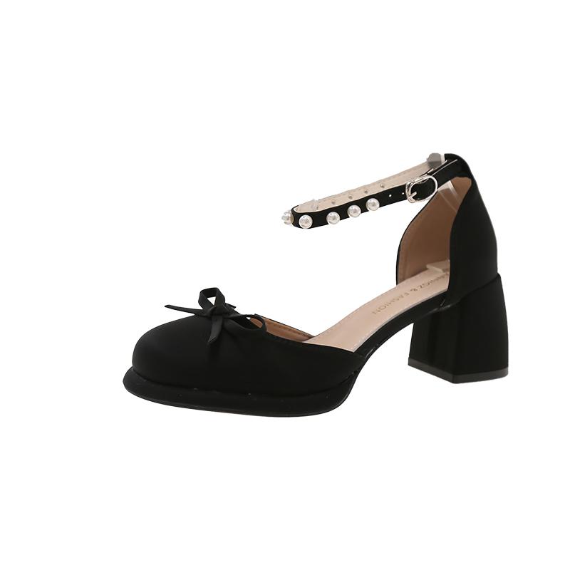 Fashion French Bow Block Heel Mary Jane Shoes Women's New Spring and Summer Round Toe Shallow Mouth One Buckle Beaded Heels