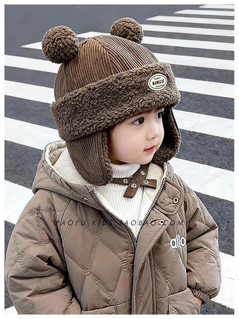 Children's Winter Hat with Fleece Lining, Windproof Corduroy Design, and Lambswool Ear Protection