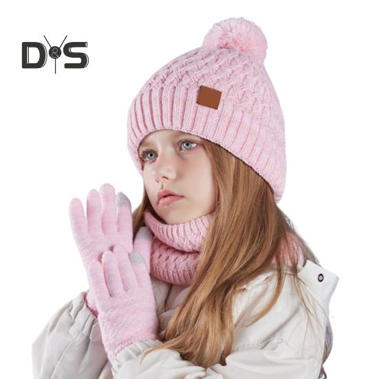 

Детская зимняя шапка, перчатки, шарф, комплект для девочек и мальчиков, вязаная шапка с помпоном, утеплитель, варежки, комплект для малышей, аксессуары для холодной погоды для детей 4-10 лет розовый