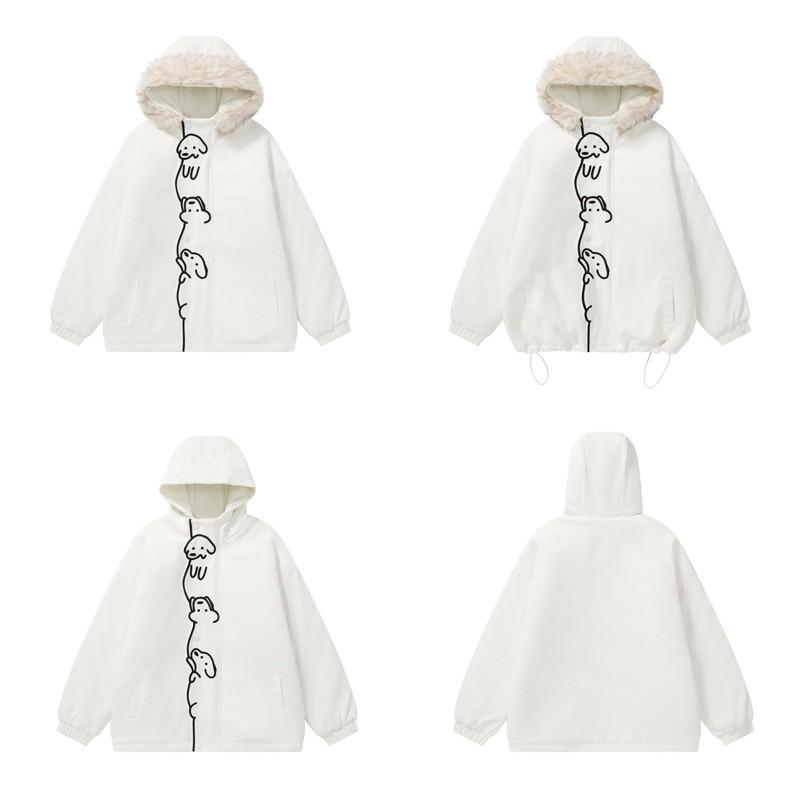 Unisex Oversized Hooded Cotton Puffer Jacket With Embroidered Dog Design Winter Warm Thick Fleece Lined Streetwear Coat