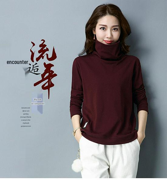 Women's High Neck Fleece-Lined Loose Long Sleeve T-shirt - 2024 Trendy Autumn/Winter Korean Style