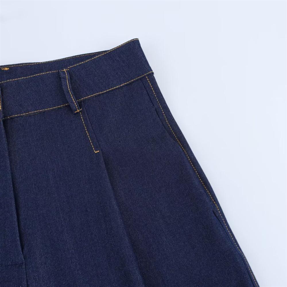 2025 Spring Women's Slim-Fit Color-Block Denim Jacket and Wide-Leg Pants Set