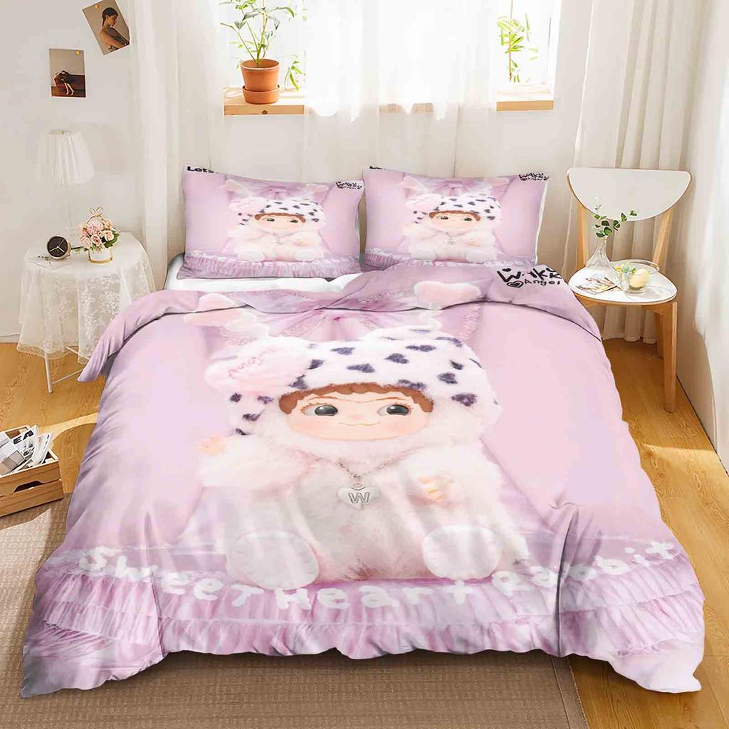 Wakuku 3D Children'S Couple Bed  Bedding Set Cute Printed Cartoon Quilt Cover  Polyester Duvet Set Twin King Size