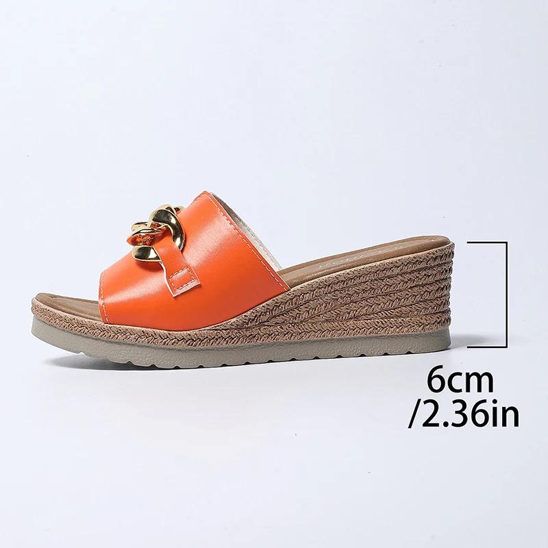 Fashion Fashion Chain Decor Wedge Heel Slippers for Women 2025 Summer Comfort Non Slip Beach Sandals Woman PU Leather Platform Slippers