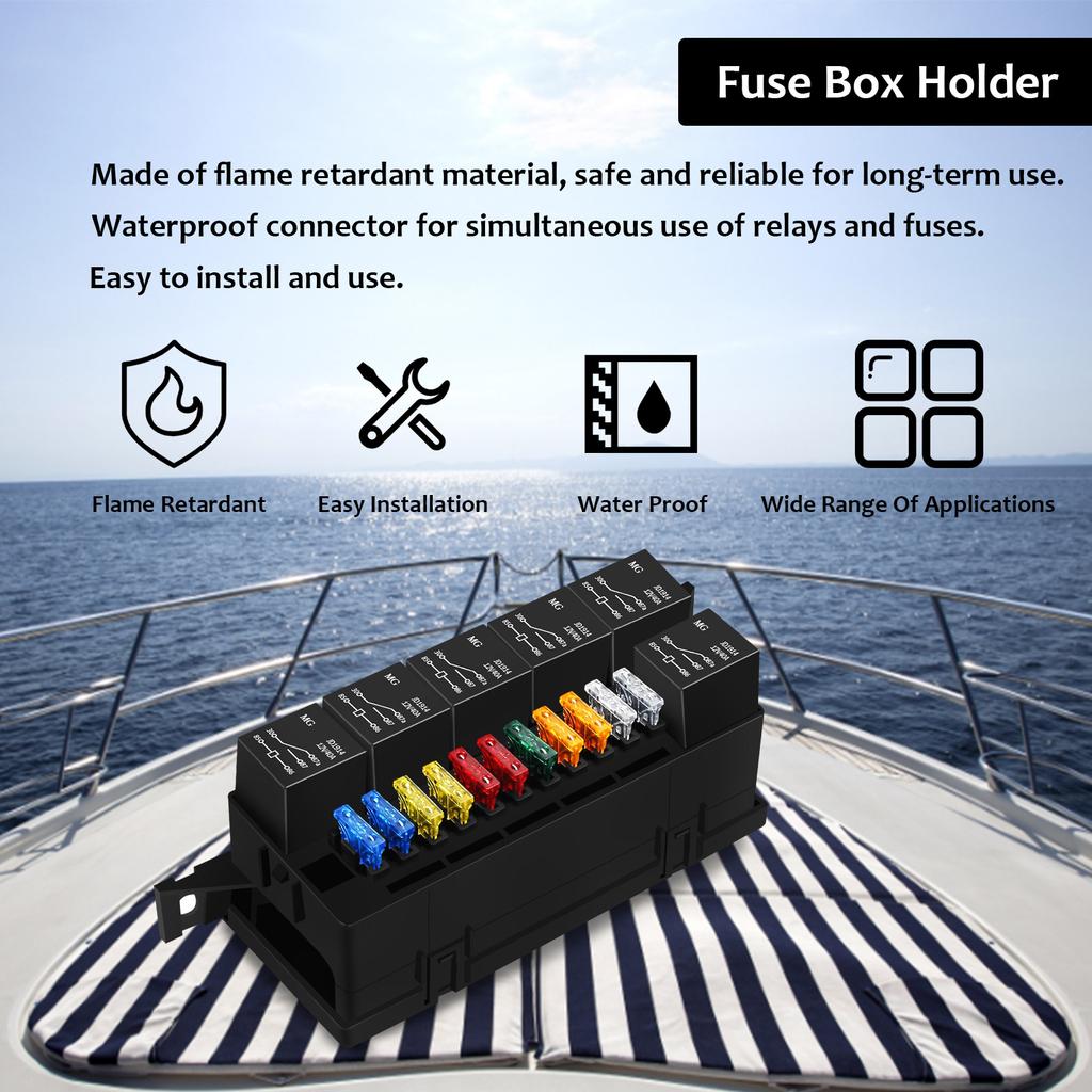 12V Sicherungsrelaisbox-Kit 52 Crimpanschlüsse 11 ATC/ATO-Sicherungen und 6 Relais Wasserdichtes Auto-Sicherungsrelaisbox-Block für Auto LKW Wohnmobil Boot