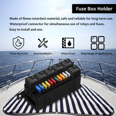 Kit Cutie Siguranțe și Relee 12V cu 52 Terminale Sertizare, 11 Siguranțe ATC/ATO și 6 Relee, Cutie Siguranțe și Relee Auto Impermeabilă pentru Mașină, Camion, Rulotă, Barcă