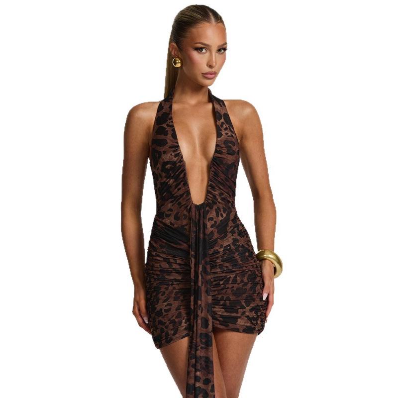 2026 European Women's Spring/Summer Sexy Leopard Print Deep V Backless Halter Slim Dress