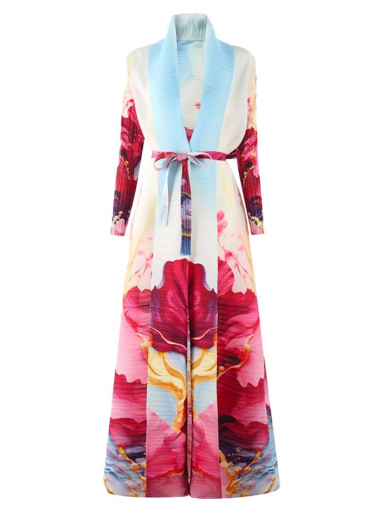Pleated Printed Long Trench Coat for Women - 2025 Spring Lapel Loose Fit Plus Size Long Sleeve Robe