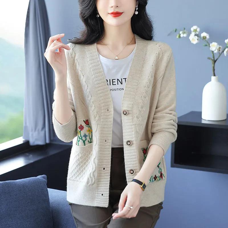 Damski sweter rozpinany z dzianiny Wiosna i Jesień Sweter dla matki w średnim wieku Odzież wierzchnia