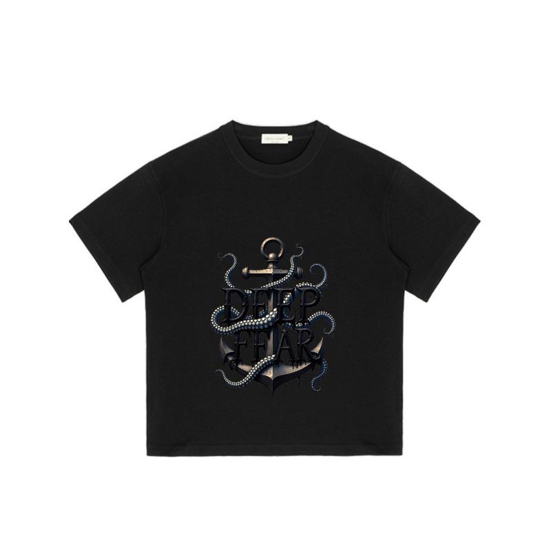 Black T Shirt With Anchor And Octopus Tentacles Deep Fear Print For Casual Wear