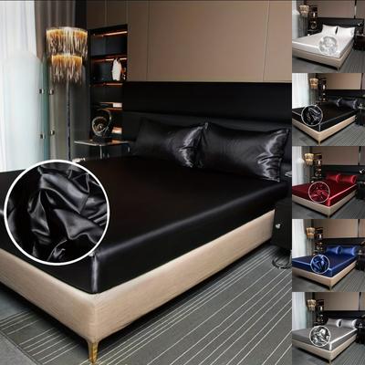 Satin Solid Color Fitted Sheet Silk Feel Cool Imitation Silk Mattress Protective Cover