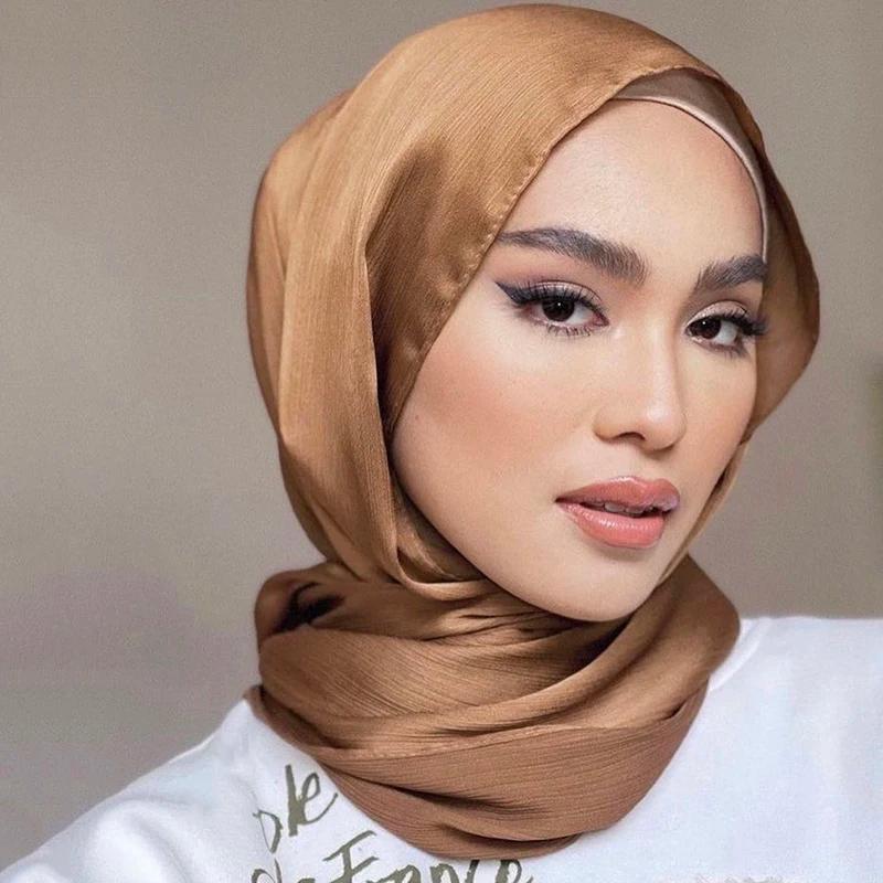 Premium Satin Crinkle Hijab Scarf Plain Muslim Women Hijabs Breathab Islam Women Turban Pleated Scarf Ramadan
