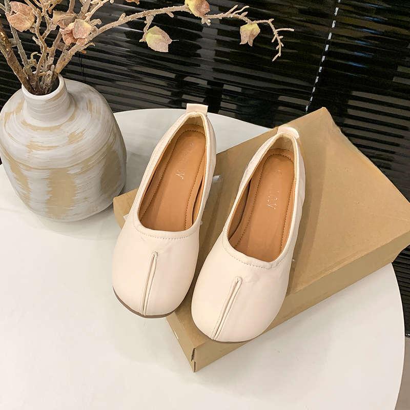 Soft Leather Retro Flat Single Shoes for Women New Style of One-foot Bean Shoes Grandma Shoes