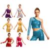 Girls Shiny Sequins Sheer Mesh Long Sleeve One Shoulder Side Zipper Crop Top