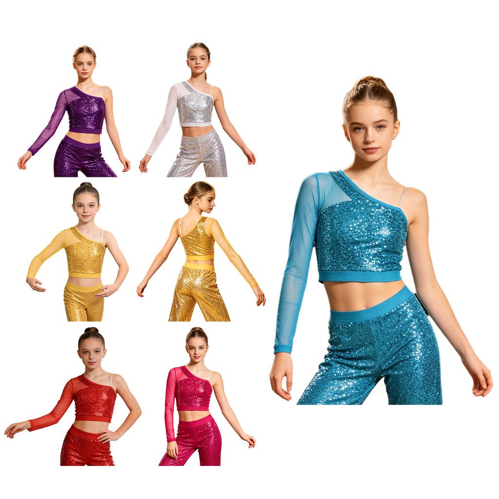 Girls Shiny Sequins Sheer Mesh Long Sleeve One Shoulder Side Zipper Crop Top