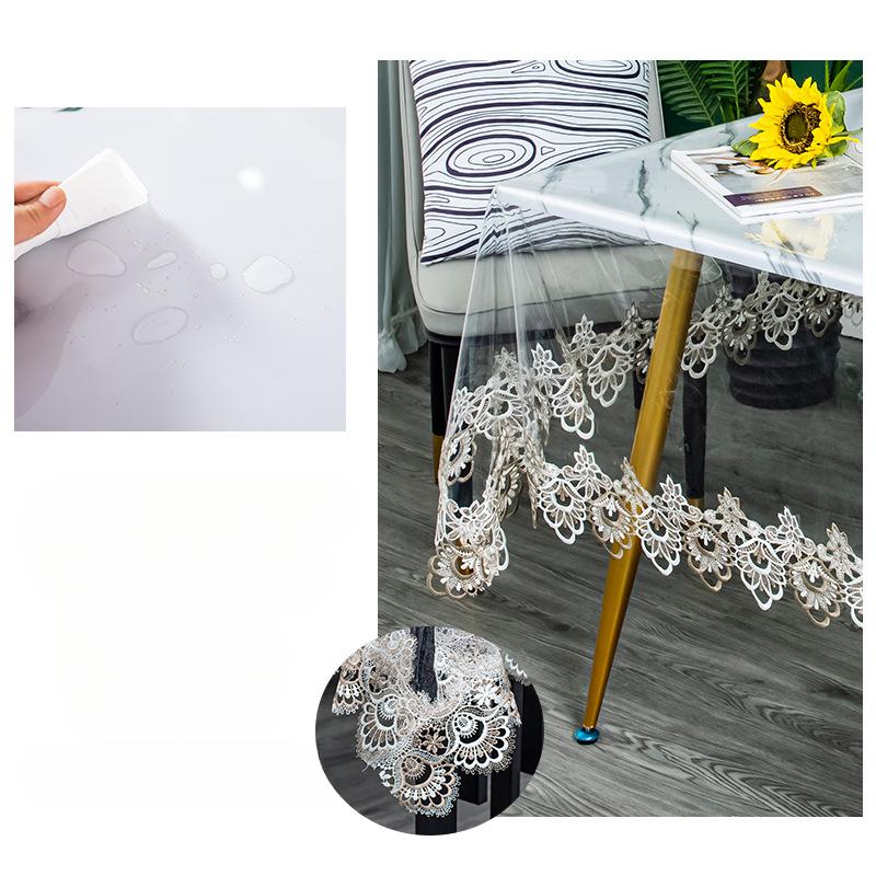 Transparente Tischdecke aus weicher Glasspitze, weiches PVC, staubdicht und leicht zu reinigen, wasserdicht, besticktes quadratisches Kissen