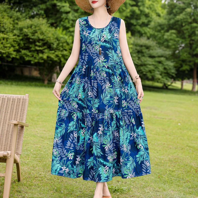 Elegant Sleeveless Dress for Women Plus Size Loose Vintage Print Long Dress Summer Middle-aged Women's Clothing