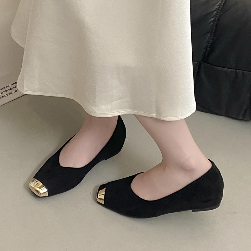 Fashion Metal Square Toe Suede Inside Heightening Anti-Slip Wear-Resistant Low Heel Single