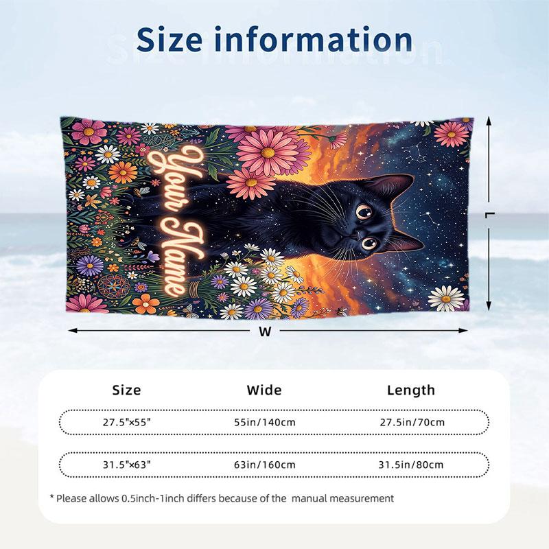 Starry Night Cat Garden Theme Quick Dry Beach Towel Custom Name Text Print Large Sand Resistant Towel Beach Vacation