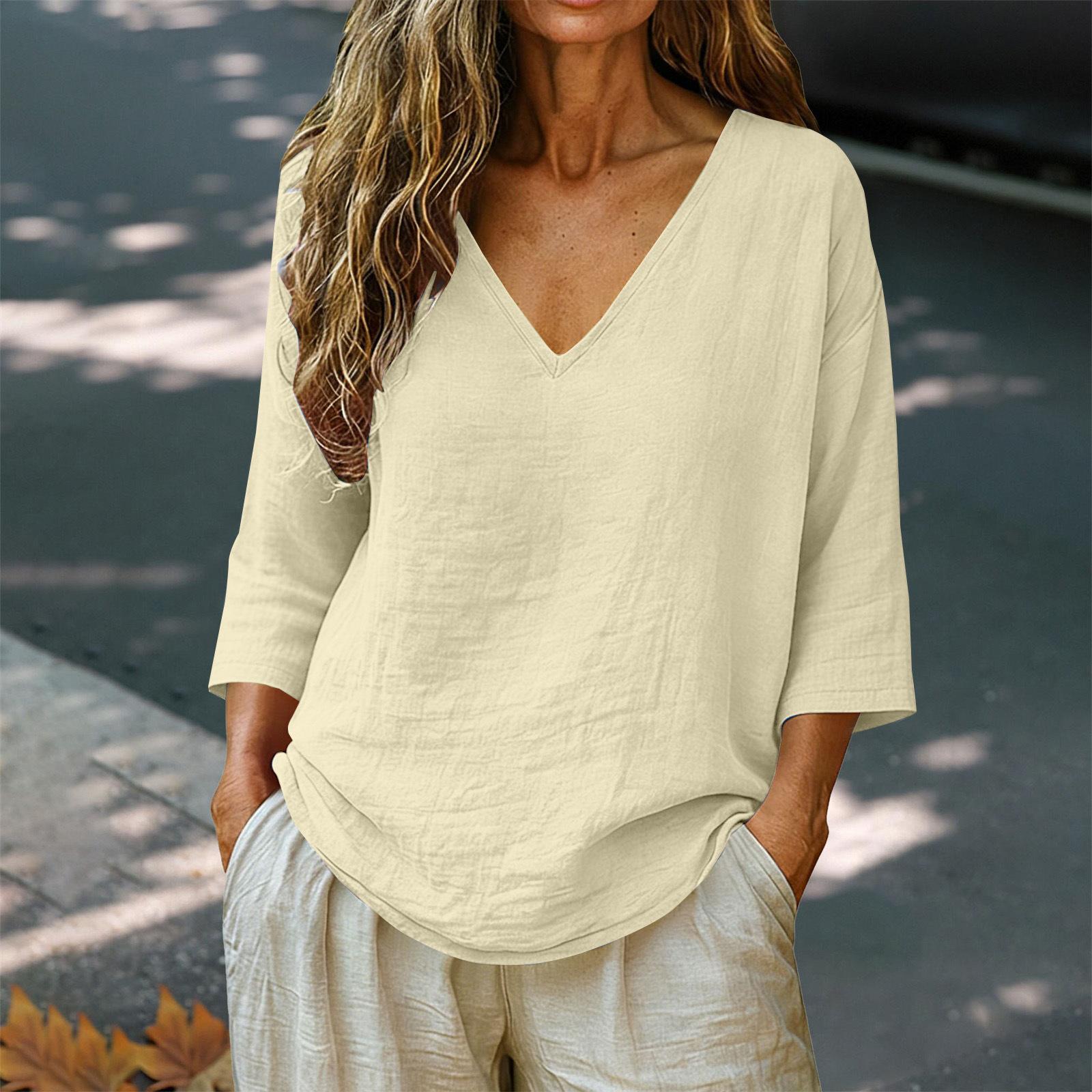 

Women s Loose-Fit Fashionable Cotton-Linen -Color V-Neck Casual Top S бежевий
