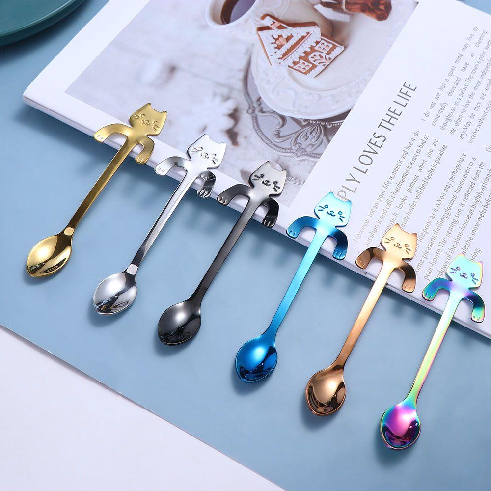 Cute Cat Kitchen Gadget Coffee Drinking Stainless Steel Long Handle Dessert Spoon Stirring Spoons Coffee Spoon Teaspoon