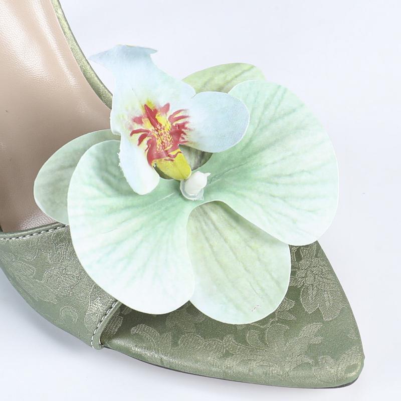 Fashion Summer New Green Flowers Decorative Slippers Women Fashion Pointed Toe Thin Heel Slide Sandals Sexy Open Toe High Heel Sandals