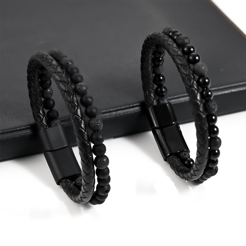 

Men s Genuine Leather & Volcanic Stone Woven Bracelet