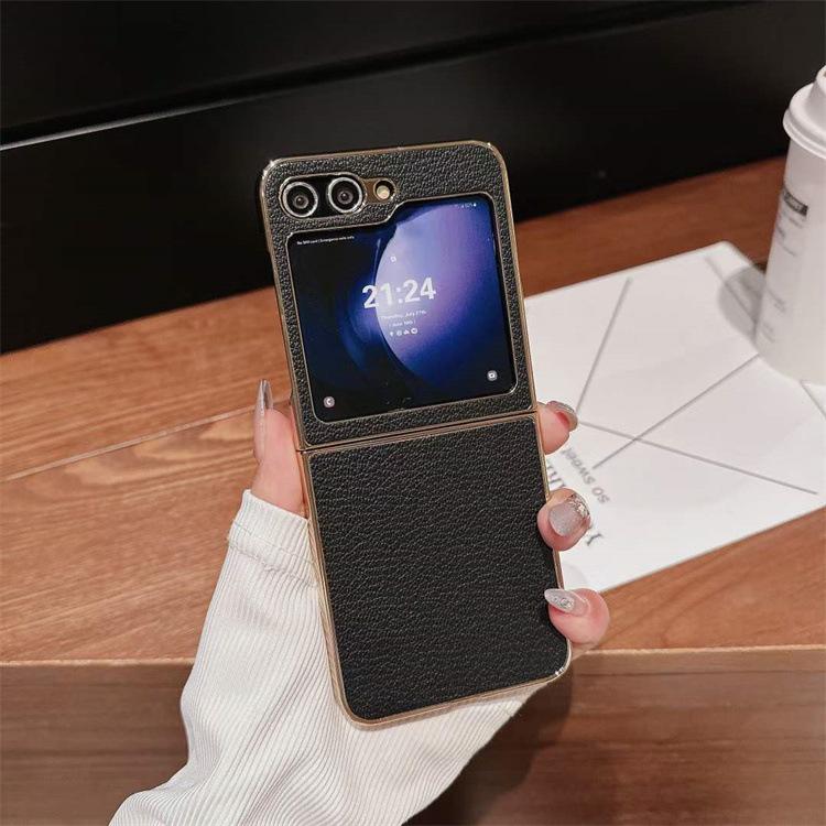 Applicable To Samsung ZFlip5 Mobile Phone Case, Lychee Pattern Electroplating Zflip3/4 Folding Protective Case p50pocketS