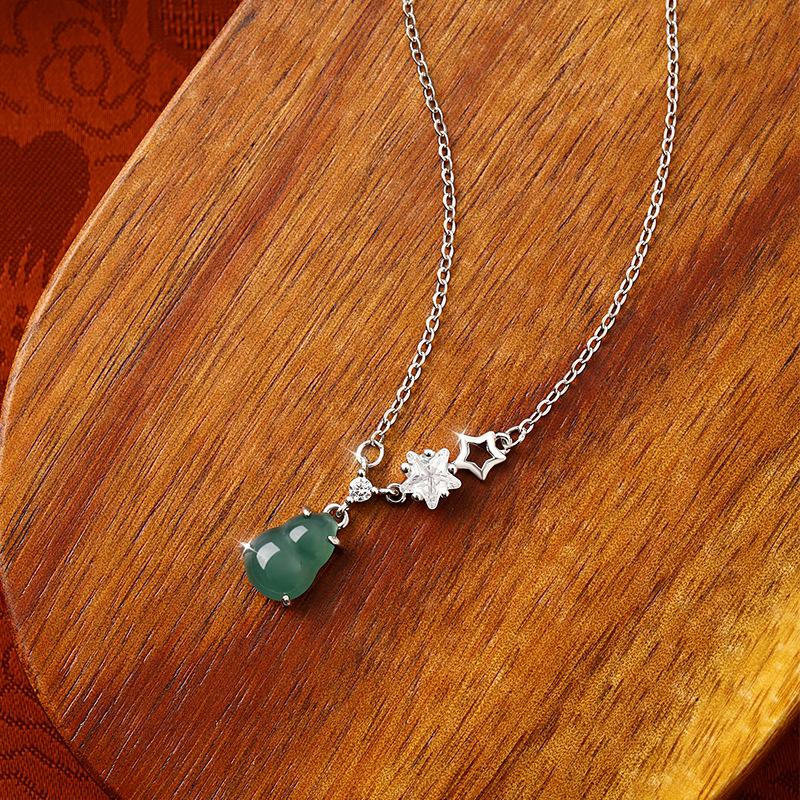 Fortune Gourd Necklace for Women, Pure Silver S925 Silver Inlaid with Natural Blue Water Jadeite, Unique Star Design Collarbone Chain