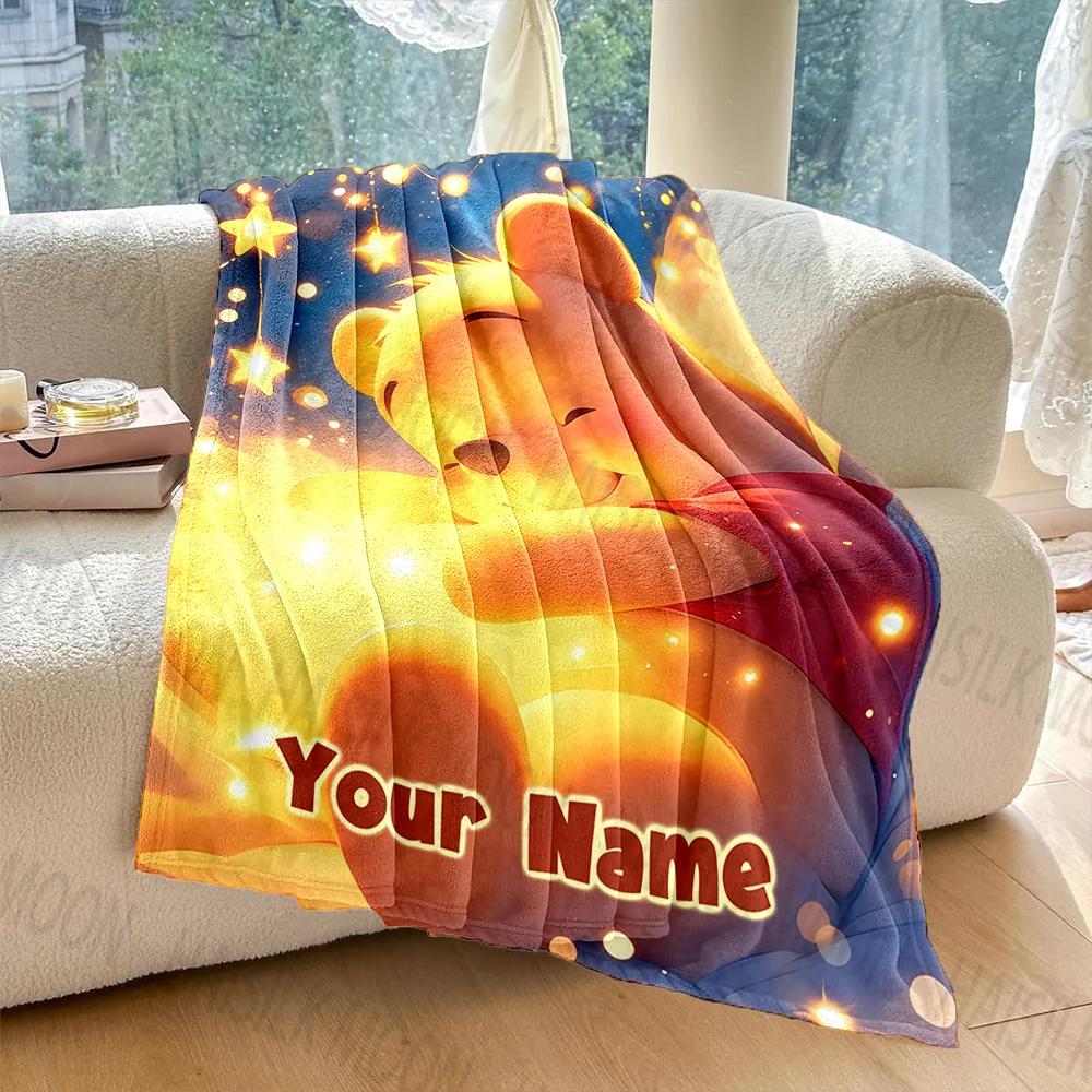 (Memo U Name)1PC Personalized Custom Name Blanket Winnie the Pooh Printed for Sofa Bed Travel Camping Cover Blankets for Gifts