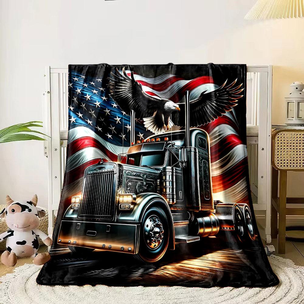 Bald Eagle Semi Truck USA Flag Blanket Bedroom Blanket for Livingroom Couch Lunch Break Soft Throw for Friend's Festival Gift