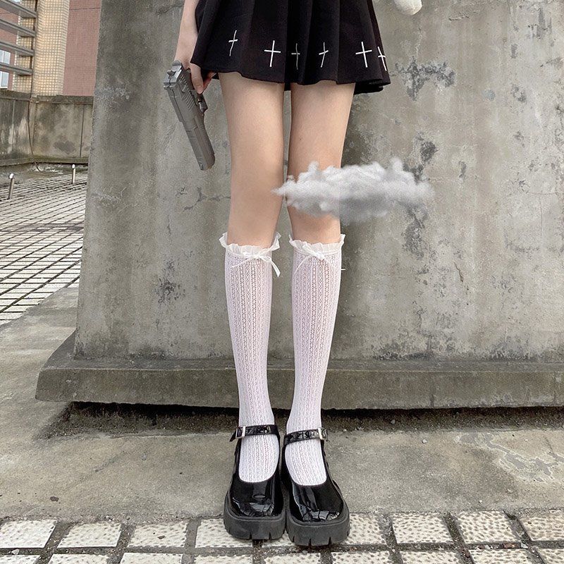 Women's Spring and Summer Ribbon Bow Ballet Style Breathable Lace Lace Mid Calf Socks