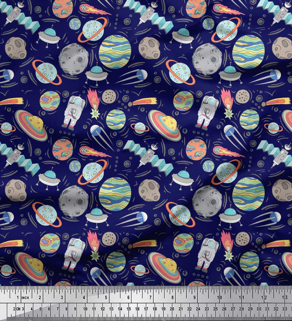 

Soimoi Blue Japan Crepe Satin Тканина Satellite & Planet Galaxy Decor Fabric Printed meter 42 Inch 42 Inch Wide - Poly Crepe синій