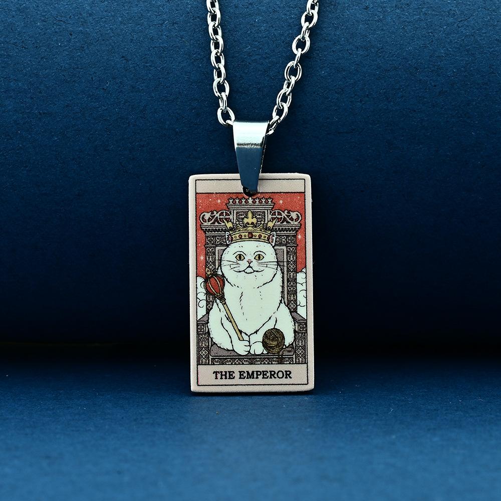Stainless Steel Cat Tarot Card Necklace for Men Women Animal Divination Jewelry Accessory