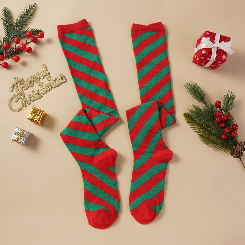 Christmas Green Red Cotton Stocking Striped Over The Knee Bowknot Long Socks