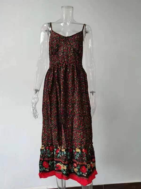 2026 Summer Bohemian V-Neck Floral Spaghetti Strap Maxi Dress for Women
