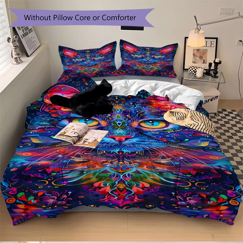 

3pcs Psychedelic Cat Art Duvet Cover Set - Includes 1 Duvet Cover and 2 Pillowcases, No Quilt Core, All-Season Home Decor yy251111049 135x200cm