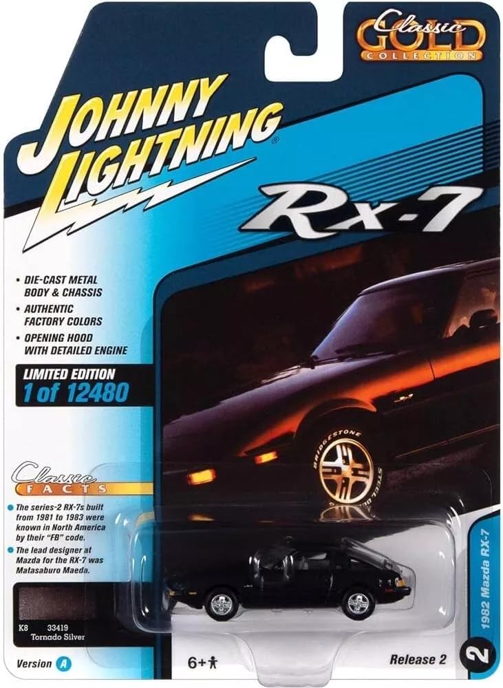 Johnny Lightning Scale Mazda 1982 Black Diecast Model Car with Opening and Closing Hood 1/64 RX-7 [Used]