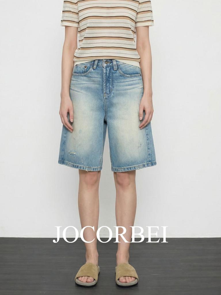 JOCORBEI Retro Ripped Cotton Distressed Straight Denim Shorts (Spring 2026)