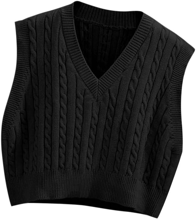 Womens Preppy Cropped Sweater Vest V Neck Sleeveless Cable Knit Tank Top
